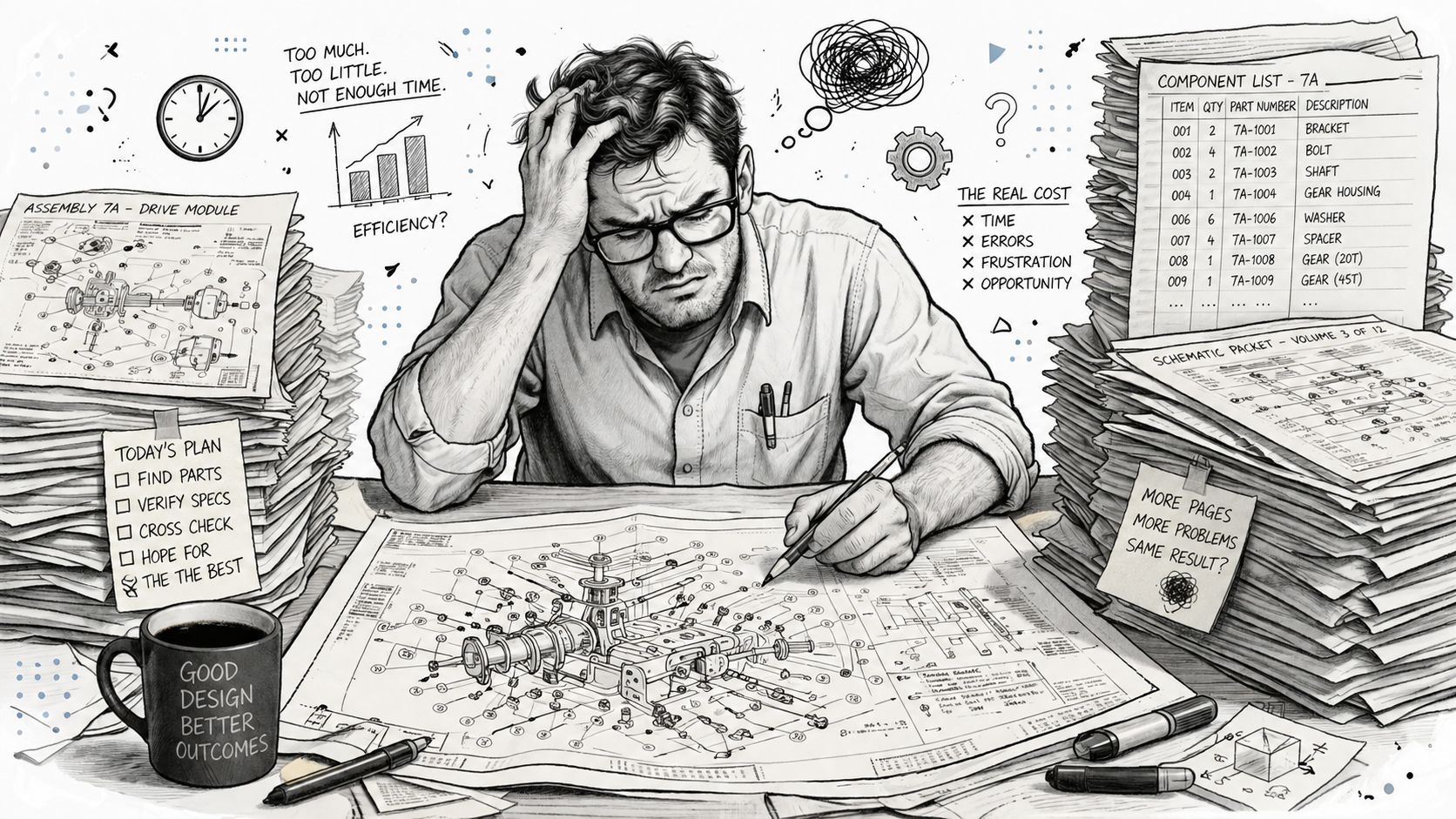 Un ingegnere stressato al tavolo lavora sulla complessa identificazione di componenti tecnici da una distinta base.