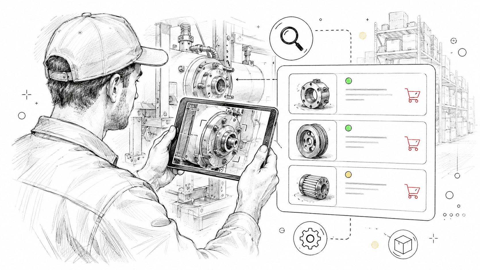 Tecnico che utilizza un tablet per la manutenzione e la gestione dei pezzi di ricambio in fabbrica.