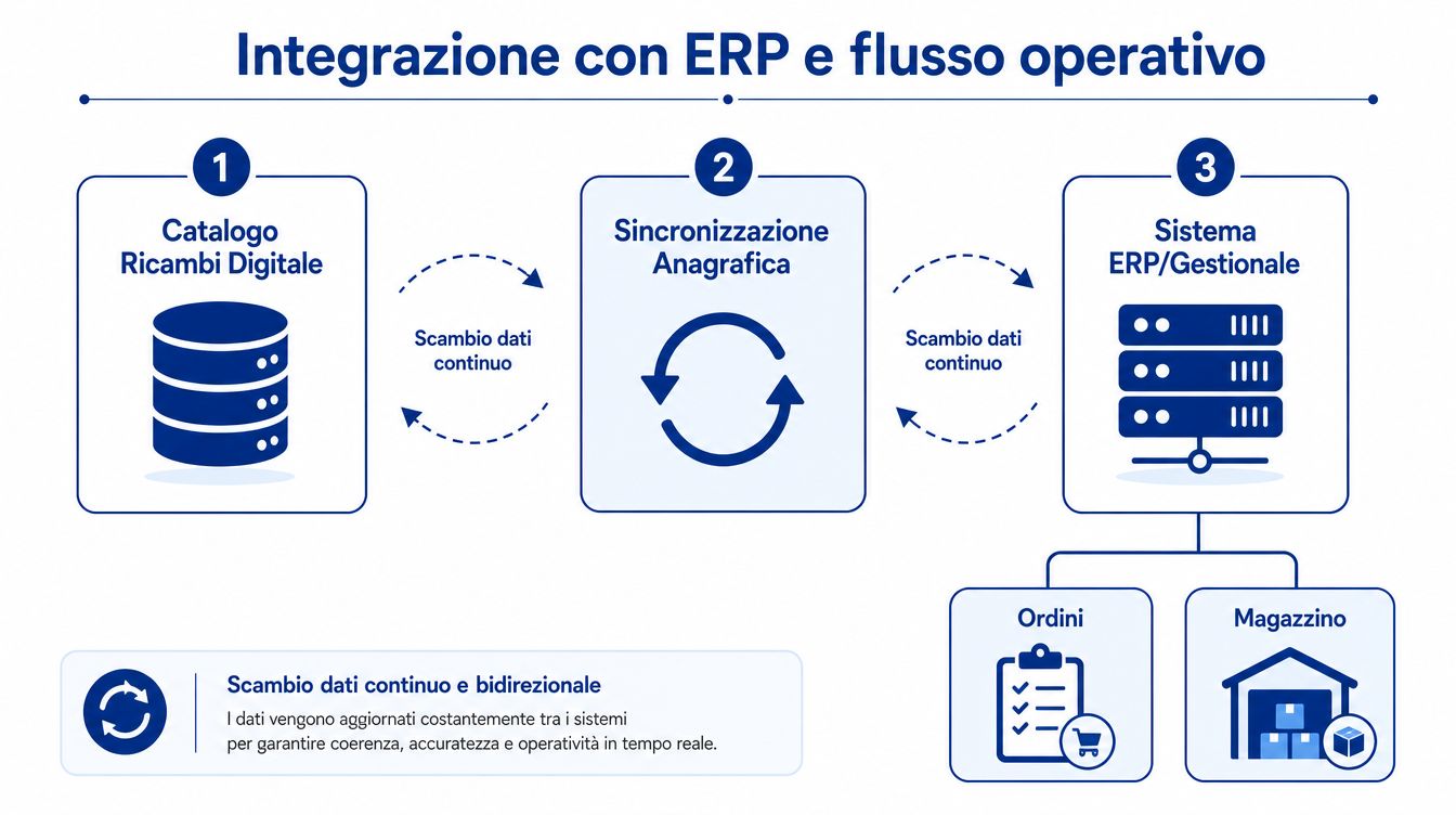 Diagramma dell'integrazione tra catalogo ricambi digitale e sistema ERP per lo scambio dati continuo e bidirezionale.
