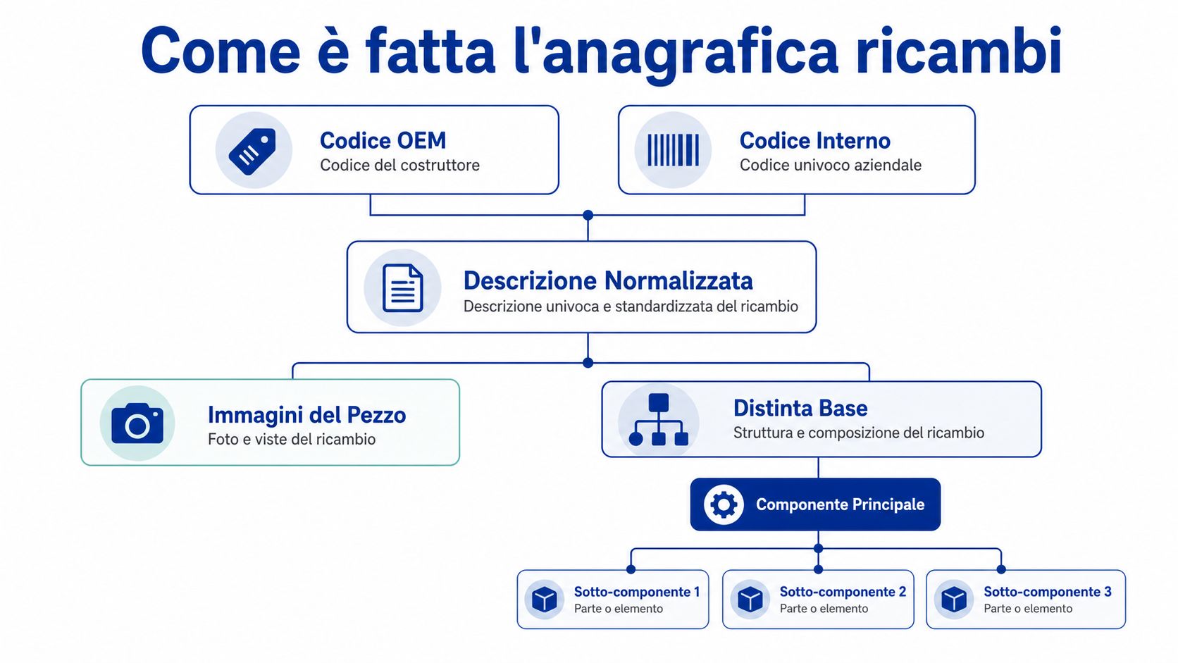 Schema grafico che illustra la struttura completa di una anagrafica per i ricambi industriali e tecnici.